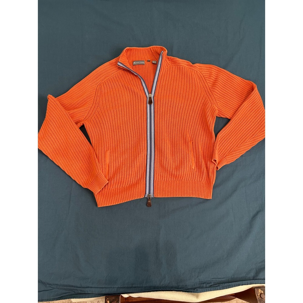Hickey Freeman Mens Orange Ribbed Cotton Full Zip Cardigan Sweater Large